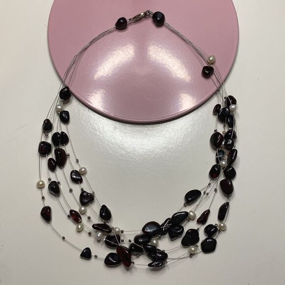💛 Classic Sterling Silver Multi Strand Garnet & Pearl Illusion Necklace - Picture 1 of 4